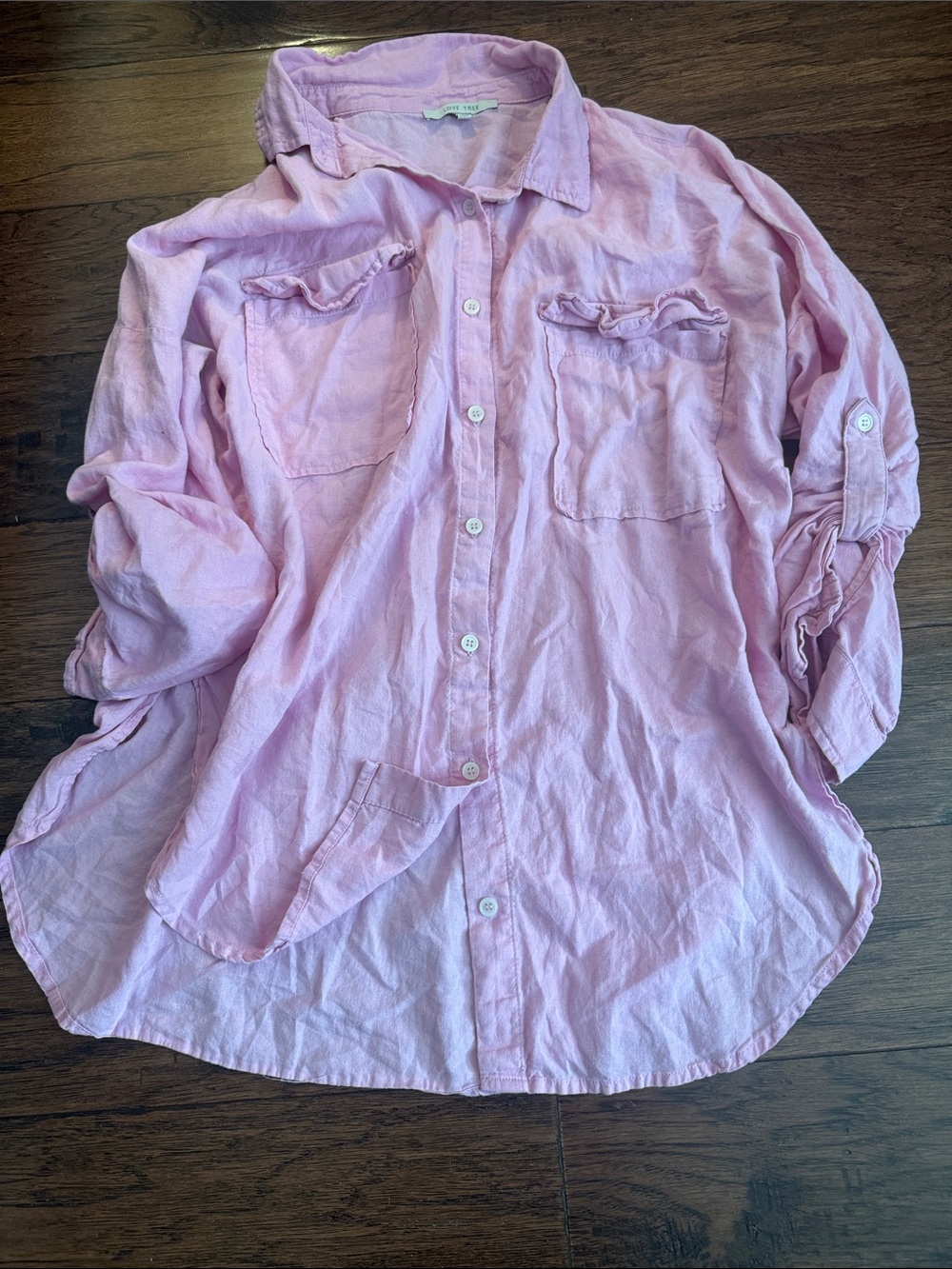 Love Tree Pale Pink Button-Down Shirt with Ruffle Chest Pockets